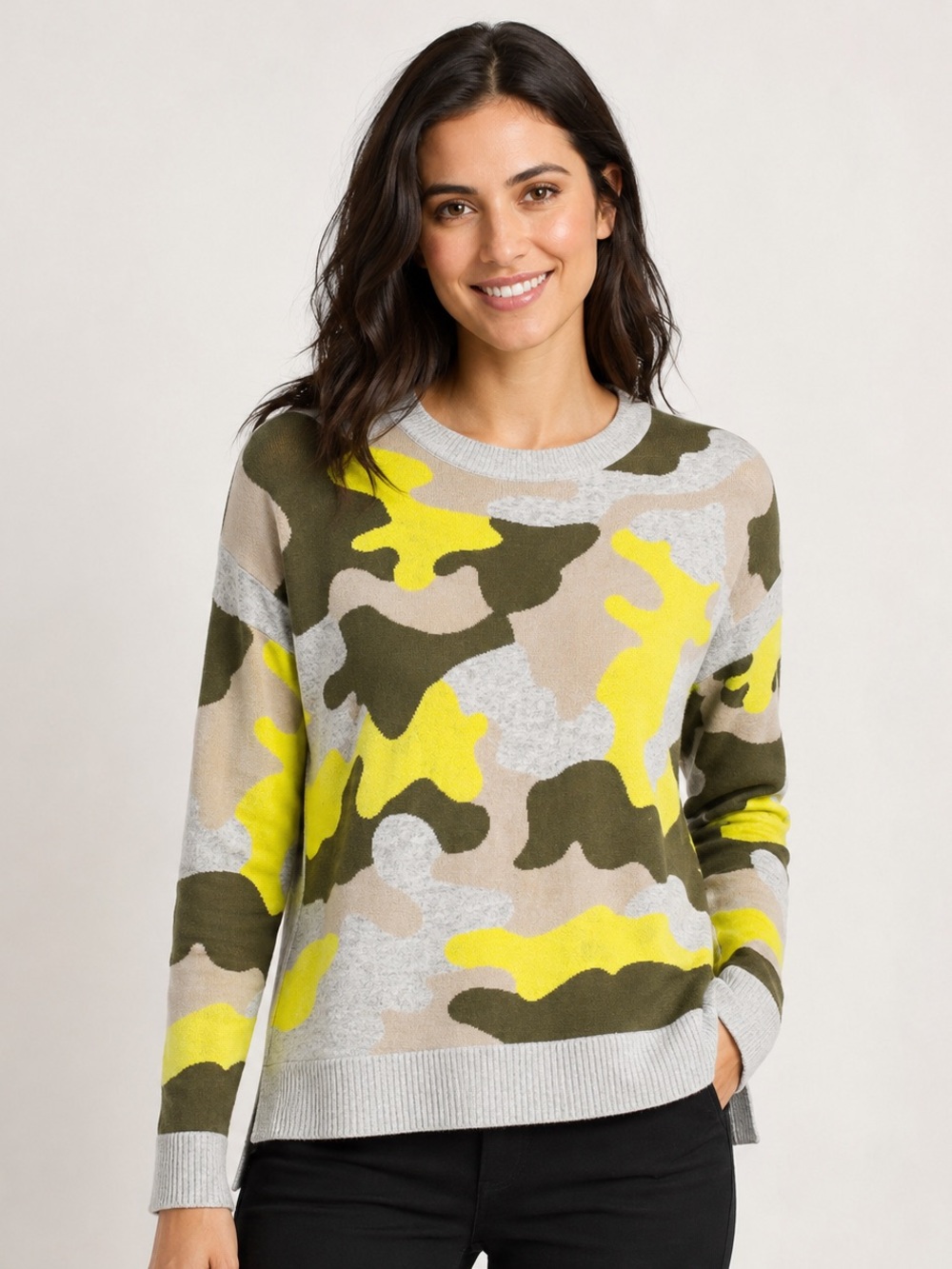 Lisa Todd Neon Camo Crewneck Sweater 100% Cotton High Low Hem Women Size M